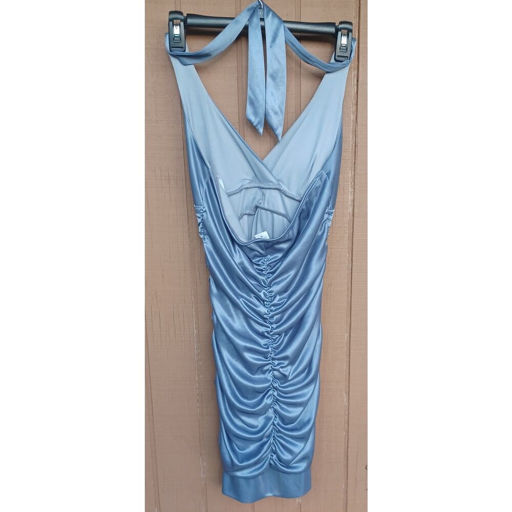 Deb Vintage Y2K Size M Steel Blue Satin Ruched Halter Rhinestone Party Dress - Picture 3 of 8